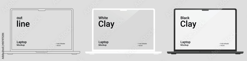 Poster laptop mockup with blank screen in clay, flat vector, outline style. laptop mockup front view. vecto