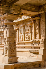 Decorative pillars and walls of Hazara Rama temple, Ancient architecture, Unesco world heritage site, Hampi, Karnataka, India, Asia.