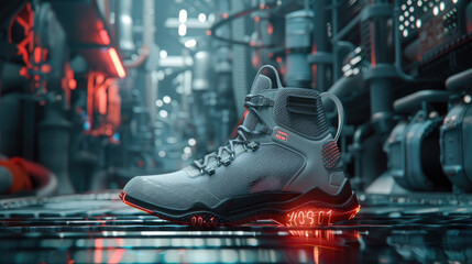 Illustrate a 3D concept of stylish yet safe industrial shoes focusing on comfort and protection