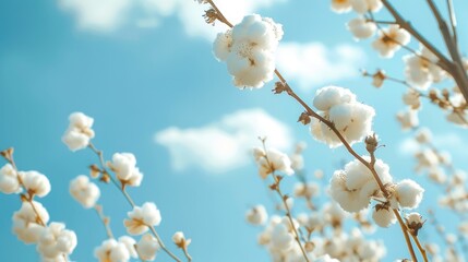 Cotton branch in bloom with blue sky background Organic fiber for fabric production Room for text