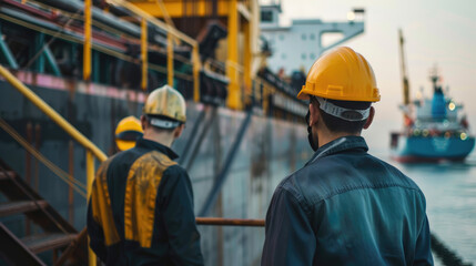 Workers, wearing hard hats, stand on a dock next to a large vessel. They seem focused on tasks, while a ship with cranes is visible in the background.