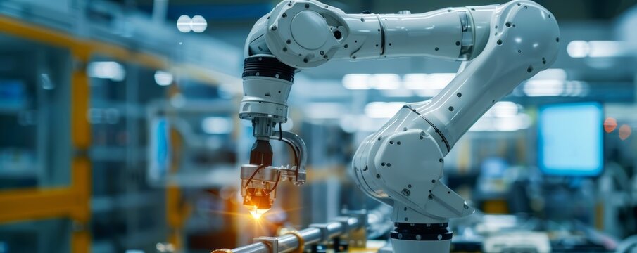 A robot arm assembling a complex piece of machinery, its movements precise and efficient.