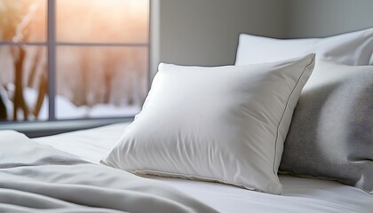Comfortable pillow on bed with blanket in bedroom