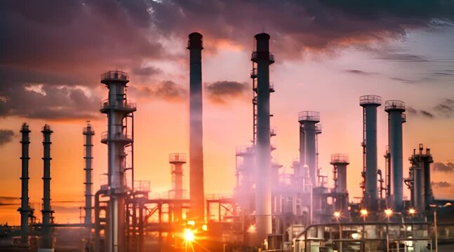 Oil Refinery plant at sunset. Gas Chemical Equipment Prodiction import export Concept, Crude Oil Refinery Plant Steel Pump Pipe line and Chimney and Cooling tower, Chemical Petrochemical