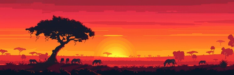 African Sunset Silhouette. Elephants graze beneath a fiery sky