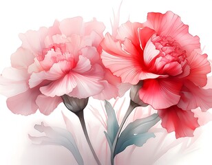 Fototapeta premium Delicate beauty. pink and red carnations with translucent petals isolated on white background