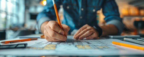 Fototapeta premium An architect sketching blueprints and brainstorming ideas in their studio.
