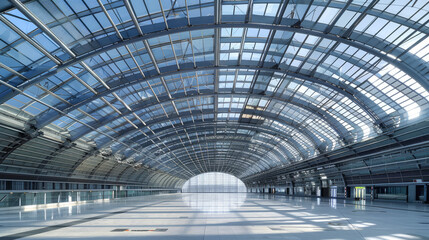 Obraz premium Steel roof structure provides a sleek and modern look due to its curved shape and complex architectural details enhanced by construction methods.