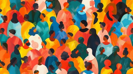 Vibrant multi-ethnic community seamless pattern: colorful diverse people crowd abstract art illustration reflecting cultural diversity in modern collage painting style


