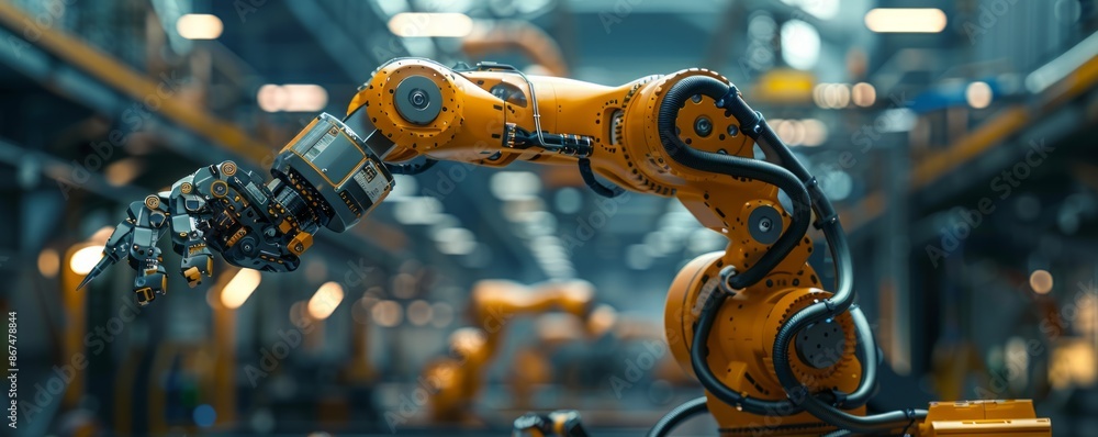 Poster a robot arm assembling a complex piece of machinery, its movements precise and efficient.