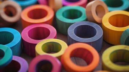 Vibrant ring-shaped wooden pieces representing diversity and inclusion in society, symbolizing unity and multiculturalism


