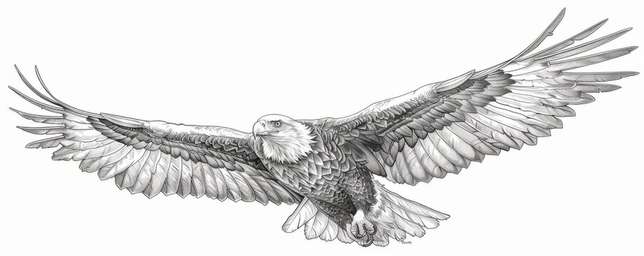 recommend clip art: A line art drawing of a majestic eagle soaring through the sky, its wings outstretched as it surveys the landscape below.
