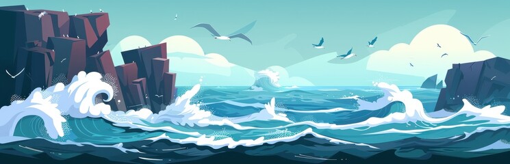 Dramatic Ocean Landscape with crashing waves, rocky cliffs, and seagulls soaring in a vibrant seascape. Perfect for nature, travel, or adventure themes.