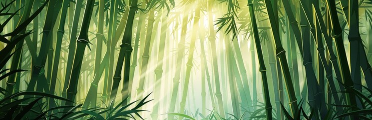 Sunlight shining through a dense and vibrant bamboo forest. Concept of nature, tranquility, serenity, and zen.
