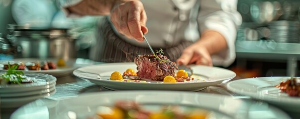 A chef meticulously plating a gourmet dish in a high-end restaurant, each element placed with precision.