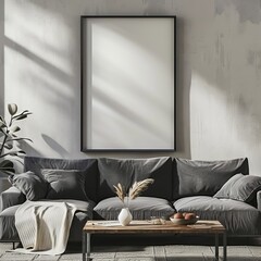 Chic living area featuring a cozy dark sofa with a blank frame above, creating a customizable canvas or background