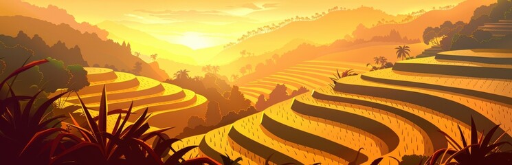 Spectacular Sunset over Lush Green Rice Terraces. A Serene Asian Landscape