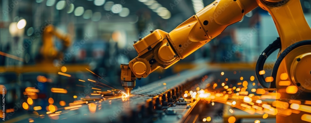 Poster a robot arm assembling a complex piece of machinery, its movements precise and efficient.