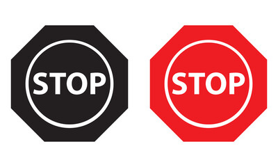 Red and black Stop Hand Icon . Stop sign icon. Simple red and black stop road sign with big hand symbol or icon. Vector illustration. EPS 10