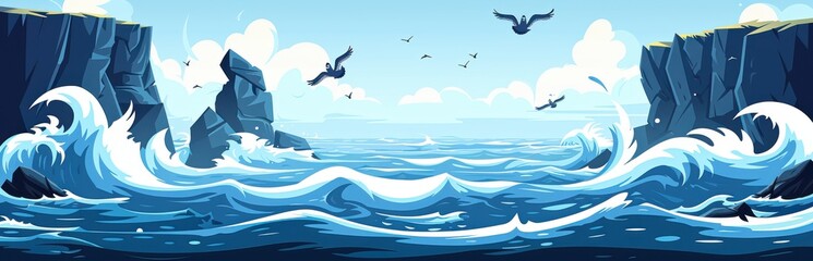 Cartoon ocean landscape with stormy waves crashing against rocky cliffs. Dramatic seascape with seagulls flying over rough sea. Concept of nature, travel, and adventure.