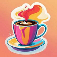 Sticker of a cup of coffee in 3D cartoon style with dynamic colors, isolated on a simple background.