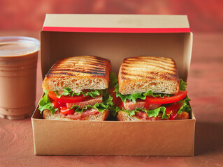  a sandwich toast in a paper box and a hot cup coffee for breakfast