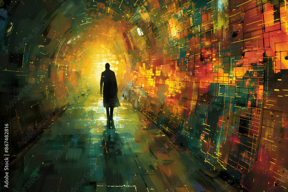 Poster silhouette of a person walking through a vibrant, futuristic tunnel with colorful digital patterns
