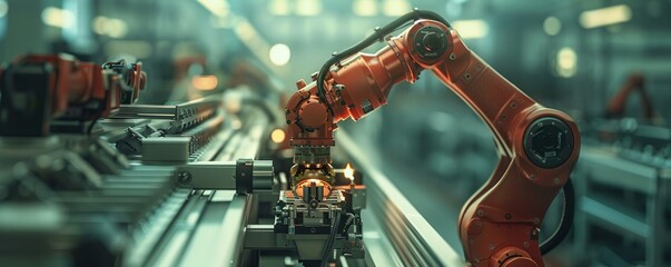 A robot arm assembling a complex piece of machinery, its movements precise and efficient.