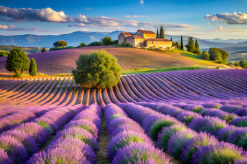 Valensole Valley in French Provence. Blooming fields of lavender against the background of mountains. Focus concept