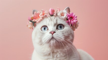 White British cat with flower crown on pink background