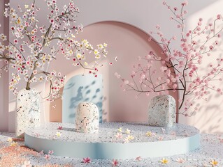 A serene display of cherry blossoms on minimalist white podiums, an idealistic wallpaper or background celebrating spring