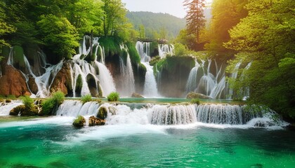Dramatic waterfalls cascading into emerald pools.