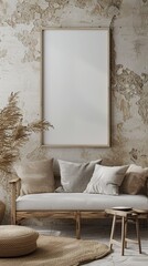 Poster frame mock-up in home interior background, living room in beige and brown colors