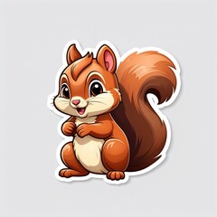 Sticker of a joyous baby squirrel in the forest. 3D cartoon style with dynamic colors, isolated on a simple background.