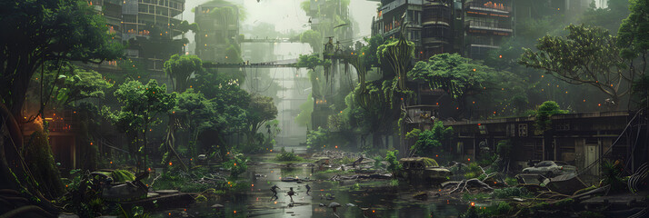 Nature's Resurgence: A Post-Apocalyptic Urban Jungle Illuminated by Twilight