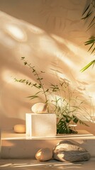 Podium with Rocks and Plants on an Abstract Background