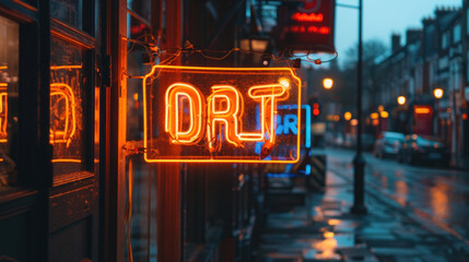 Neon sign in a shop or store window glowing brightly in the evening.