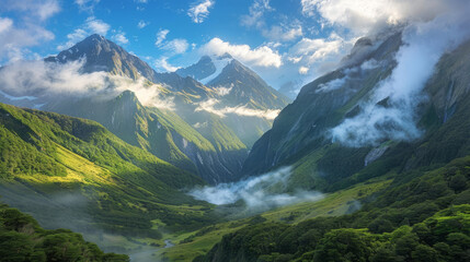Obraz premium Nature's canvas boasts lush valleys and golden sands, where towering mountains reach for the heavens and clouds dance gracefully above.