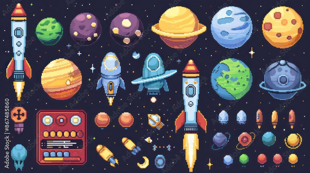 Poster an 8bit pixel art game asset collection, featuring space planets, rockets, and starcraft, alongside 