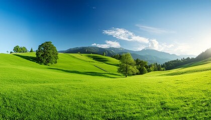 Obraz premium Lush green meadows under a clear blue sky.