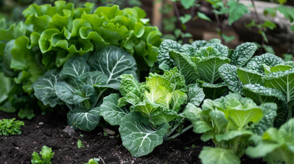 Organic green vegetables thrive in the garden, including Brassica carinata, a type of leafy green.