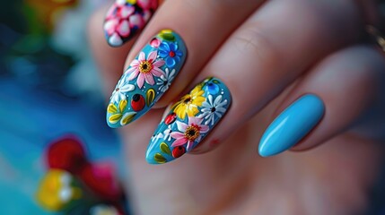 Stylish spring summer nail design with blue manicure for women focusing on beauty care
