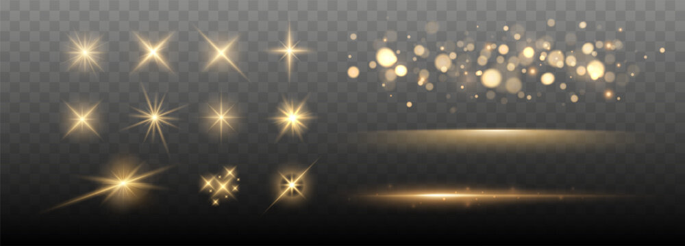 Set of Shine glowing stars. Vector Golden Sparks isolated.