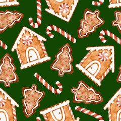 Watercolor Christmas gingerbread cookies seamless pattern on green background