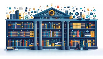 Governance Policies and Compliance, digital library with icons representing governance frameworks, compliance manuals, 