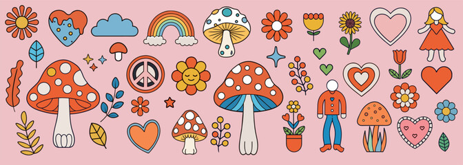 Retro 70s hippie stickers, psychedelic groovy elements. Cartoon funky mushrooms, flowers, rainbow, vintage hippy style element vector set