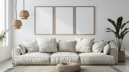 Poster frame mock-up in home interior background with modern sofa and decor in living room