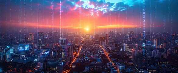 Fototapeta premium Cityscape with Binary Code Rain and Sunset