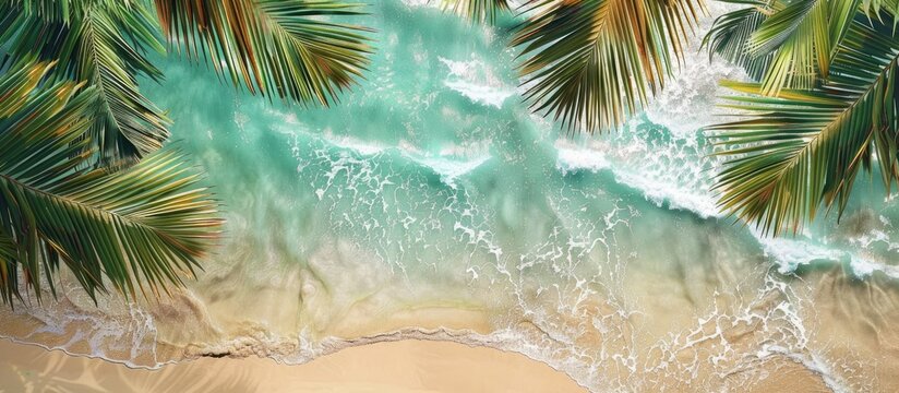 Palm leaves create a summery backdrop on a beach-themed surface from a bird's eye view.