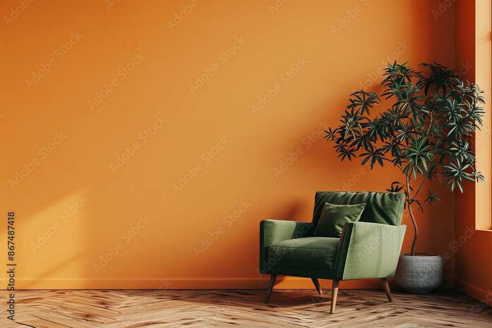 Wall mural This vibrant image features a green chair with plants, ideal as a lively wallpaper or background for any space